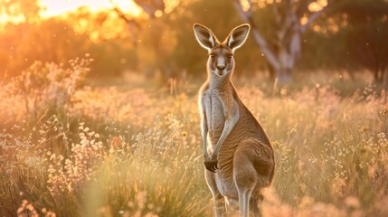 Aufkleber - A kangaroo stands in a field of tall grass. The sun is setting, casting a warm glow over the scene