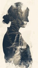 Poster - A profile view of a woman with a waterfall in the background, creating a striking double exposure effect. The womans features are highlighted against the cascading water, blending nature and human sub