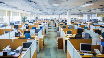 Aufkleber - A corporate office floor filled with numerous desks and computers, showing a bustling work environment where employees are hard at work.