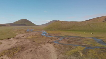 Poster - Aerial view of Landmannalaugar landscape and river on a beautiful summer day, Iceland