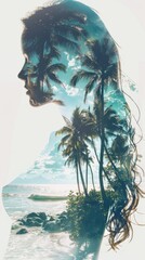 Poster - A womans face is shown in the foreground, with palm trees in the background creating a tropical atmosphere.