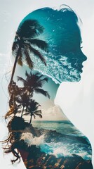 Poster - A double exposure showcasing a womans face with palm trees in the background, creating a unique and artistic blend of nature and human features.
