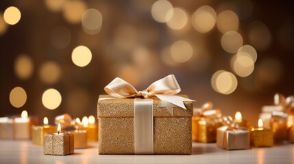 Aufkleber - Generative AI Ultra-realistic portrayal capturing the allure of white and gold Christmas presents arranged atop an empty table, complemented by enchanting blurred bokeh lights. Elegant and festive atm