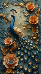 Wall Mural - Peacock and Butterfly on Abstract Floral Wallpaper Generative AI