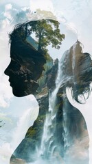 Poster - A side profile of a woman is visible against a background of a majestic waterfall, creating a striking contrast between the human form and the powerful natural element.