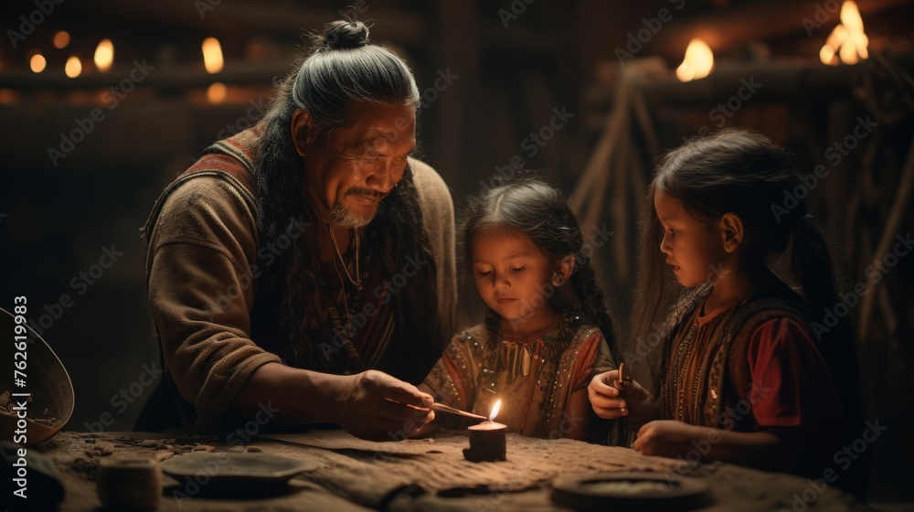Generative AI An Indigenous family engaged in traditional arts and ...
