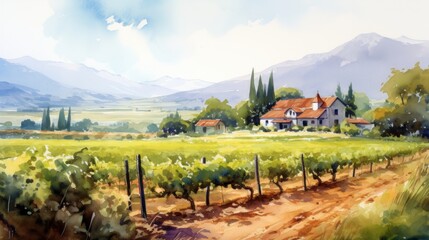 Poster - Generative AI Rustic vineyards with ripe grapevines. aquarelle
