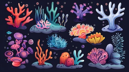 Poster - a collection of colorful corals and seaweeds on a black background