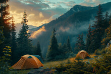 A Group Of Friends Hiking Together In The Mountains. Two Tents Nestled Amidst Trees Under The Mountain Sky