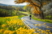 A Scenic Bike Ride Along A Winding Country Road Lined With Trees. Person Cycling Through Yellow Flowers On A Scenic Road In Nature