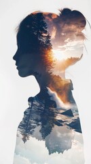 Poster - A double exposure showcasing a womans face superimposed with the silhouette of trees in the background. The intricate blend creates a unique and artistic composition fusing human and nature elements s