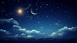 Crescent moon and stars background over calm ocean and cloudy sky