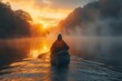 A kayaker enjoys a serene journey on a misty river at sunrise, with golden light reflecting on the water.