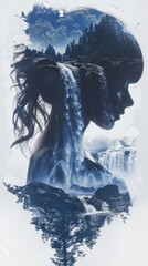 Poster - A close-up view of a womans face in front of a majestic waterfall. The womans features are prominent against the rushing water in the background.