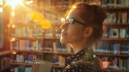 Poster - A woman is absorbed in reading a book while sitting in a library. Surrounding her are shelves filled with books, creating a quiet and studious atmosphere.