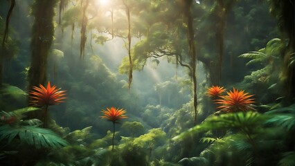 Lush rainforest with exotic flowers, travel landscape photo, green summer nature