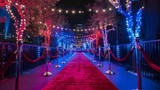 Fototapeta Londyn - A glamorous Hollywood red carpet event with flashing cameras, velvet ropes, and a backdrop of dazzling city lights, capturing the glitz and glamour 