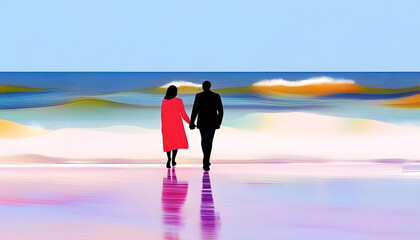 Poster - A silhouetted couple walking hand in hand on the beach at sunset