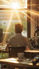 Poster - A man is sitting at a desk with a computer monitor in front of him. The room is well lit by the sun, creating a warm and inviting atmosphere. The man is focused on his work
