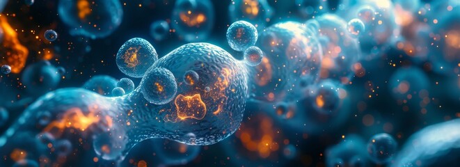 Poster - A close up of a blue and orange blob of cells. The blue and orange colors are contrasting and the cells are arranged in a spiral. Concept of movement and energy, as if the cells are alive
