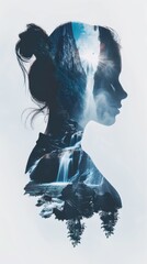 Poster - A womans face is seen in the foreground, with a majestic waterfall flowing in the background. The contrast between the serene expression on the womans face and the powerful rush of the waterfall creat