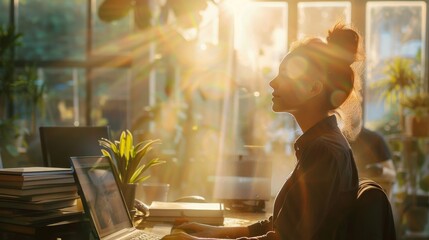 Poster - A woman is seated in front of a laptop computer, typing and working. She appears focused and engaged in her digital tasks, with a blank expression on her face.