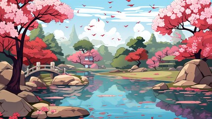 Poster - Generative AI A serene Japanese garden with a koi pond and cherry blossom trees.