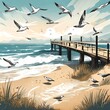 A scenic view of a bridge crossing over a sandy beach, with gentle waves crashing against the shore and seagulls soaring overhead, creating a tranquil coastal ambiance