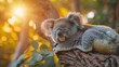  A koala slumbers on a tree limb, bathed in sunlight filtering through the foliage Its eyelids are shut