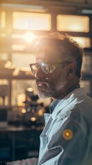 Poster - A man in a lab coat with glasses is looking at the camera. Concept of professionalism and focus, as the man is in a scientific or medical setting. The man's facial expression