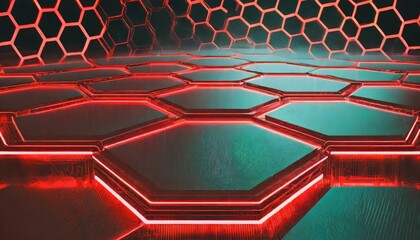 Wall Mural - technological hexagonal background with red neon illumination