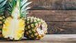 ripe pineapples with copyspace on wooden background