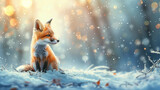 Fototapeta Dziecięca - 3d Red cute fox cub on the background of a snow  fairy tale winter forest 
