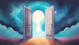 Fototapeta  - abstract art of mystical open door in dreams leading to an unknown world surrealism or fantasy world concept background
