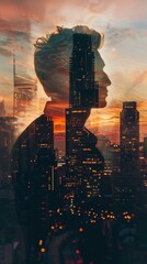 Poster - A double exposure showcasing a womans face superimposed in front of a bustling cityscape. The womans features blend seamlessly with the urban background, creating a striking visual effect.