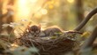  A kitten sleeps in a nest on a tree branch with sunlight filtering through the treetops behind