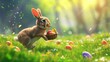Easter Bunny Running With Basket of Eggs in Grass Generative AI