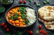 A delicious vegetarian Indian thali with chickpeas, spinach, rice, and naan, offering a variety of textures and flavors in a traditional meal.