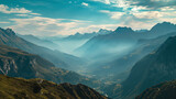 Sunlight cascades through misty mountain ranges, creating a serene, ethereal landscape