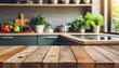 wood table top on blurred kitchen background