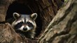A Common Raccoon is peeking out of a hollow in a tree, observing its surroundings with curiosity and caution. The raccoons distinctive facial markings are visible as it carefully scans the area.
