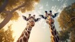 Generative AI Towering giraffes peacefully grazing on treetops.