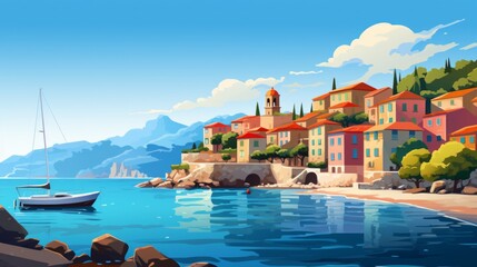 Aufkleber - Generative AI A beautiful Mediterranean coastal town with colorful houses. vector cartoon graphic