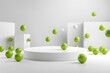 3D white realistic cylindrical pedestal podium and with floating green spheres around,minimalist style,presentation,layout, demonstration of cosmetics,design concept,marketing and advertising