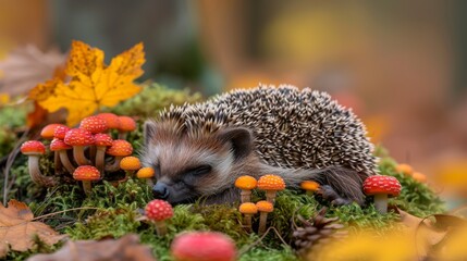 Wall Mural -  A hedge amidst a forest surrounded by myriad mushrooms, with orange and yellow fungi dotting the ground below