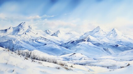 Aufkleber - Generative AI A snowy mountain range against a clear blue sky landscape watercolor