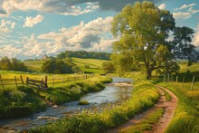 The afternoon sun illuminates a serene countryside scene, highlighting a winding river, green pastures, and an old wooden fence, embodying the essence of pastoral life.