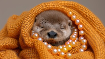 Wall Mural -  A close-up image of a small animal covered by a blanket, wearing a beaded necklace, and with a sea creature in its eye