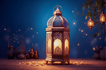 Fantasy Islamic-style lantern design for Ramadan celebration with copy space