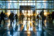 © Anastasiia - Busy professionals walking swiftly in an office lobby with glass doors. Concept Office Environment, Business Attire, Busy Professionals, Glass Doors, Swift Movements